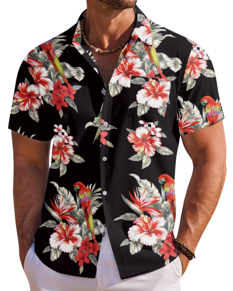 Elegant, men afslappet herre skjorte med sommerblomster. Til strand og by.