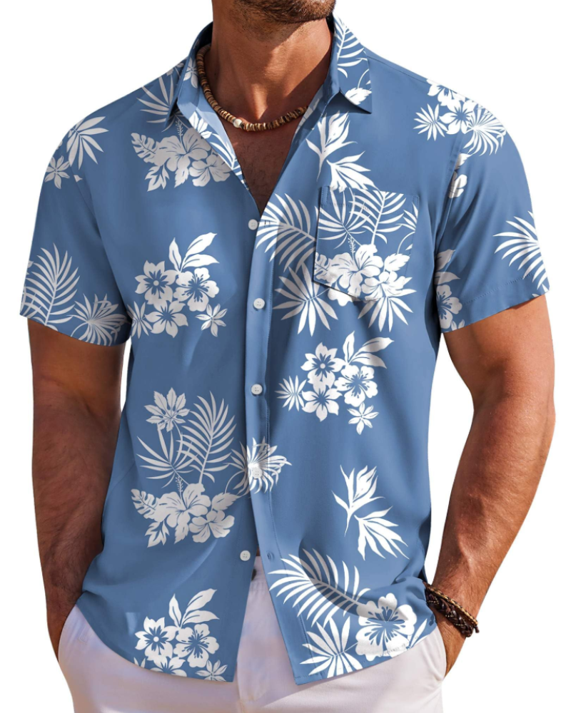 Modebevidst herre Hawaii skjorte med farverigt tropisk print til sommerfester.