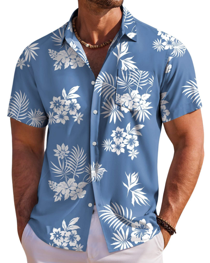 Modebevidst herre Hawaii skjorte med farverigt tropisk print til sommerfester.
