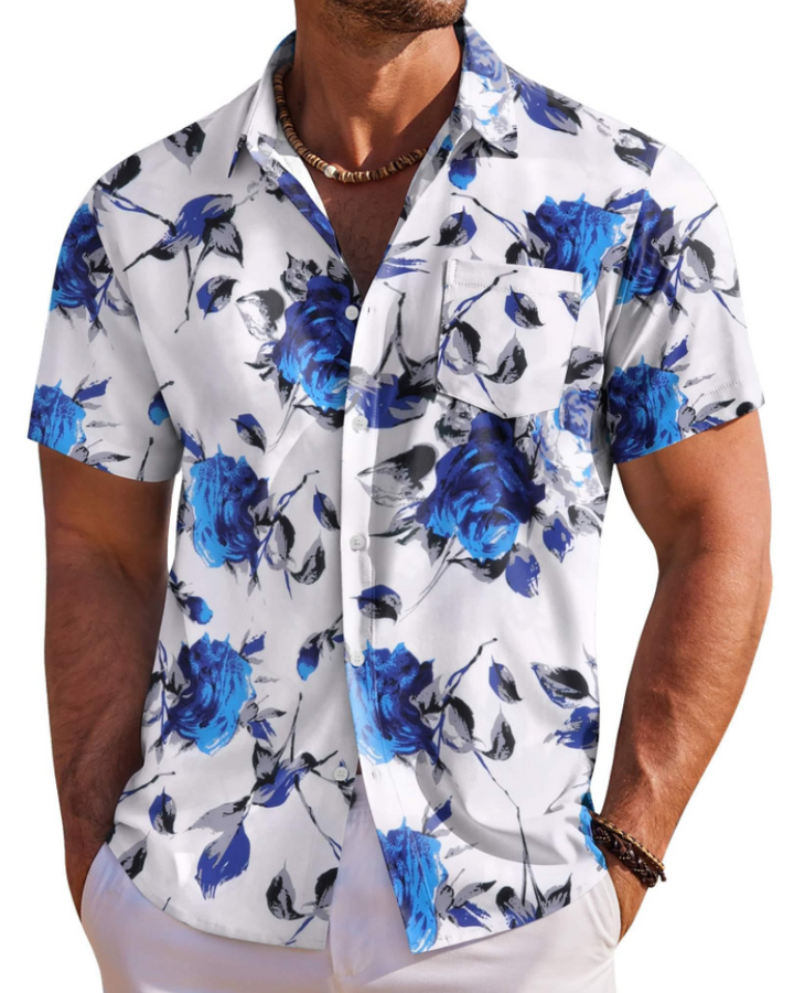 Klassisk herre skjorte med Hawaii-tema, behagelig pasform til solrige sommerdage.