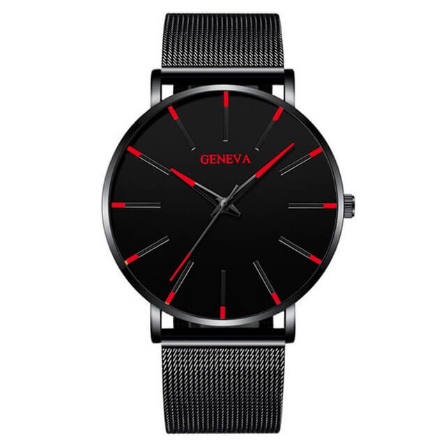 Herre ultratyndt eleganceur, set skråt fra oven. Rustfrit stål armbåndsur, minimalistisk og tidløst for klassisk herrestil.