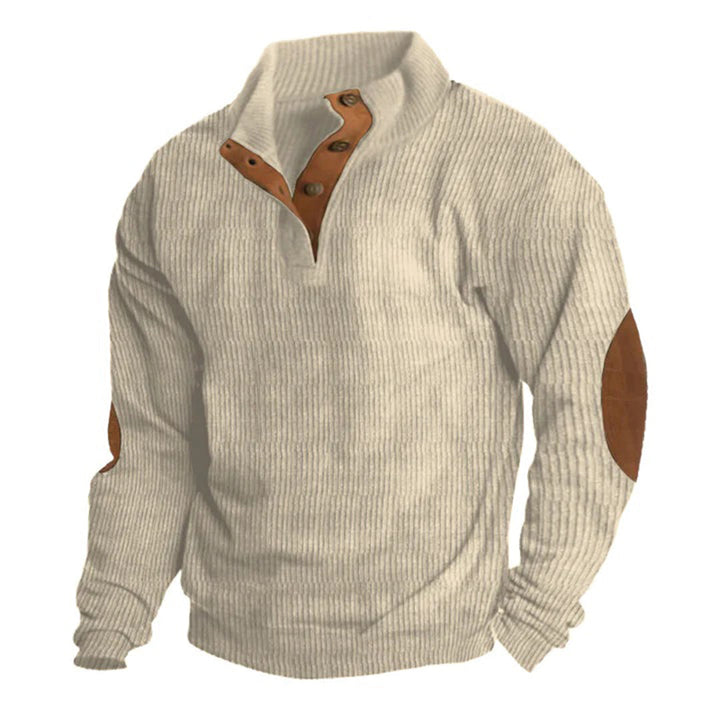 Stilfuld herre striktrøje med knapper i vintage design, tilgængelig i grøn og beige. Perfekt til et klassisk look.