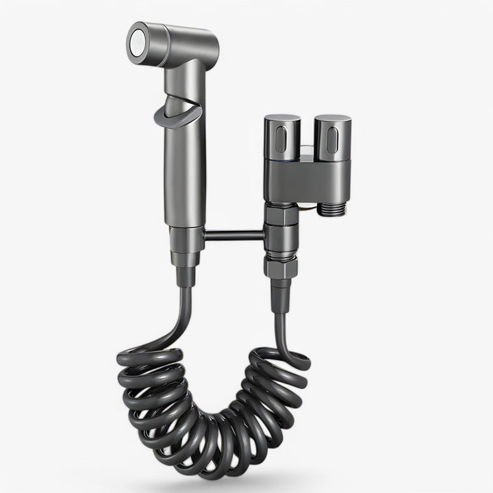 "Højtryk bidet toiletsprøjte af metal og ABS, vægmonteret, med dobbelt udløb for effektiv, miljøvenlig rengøring."
