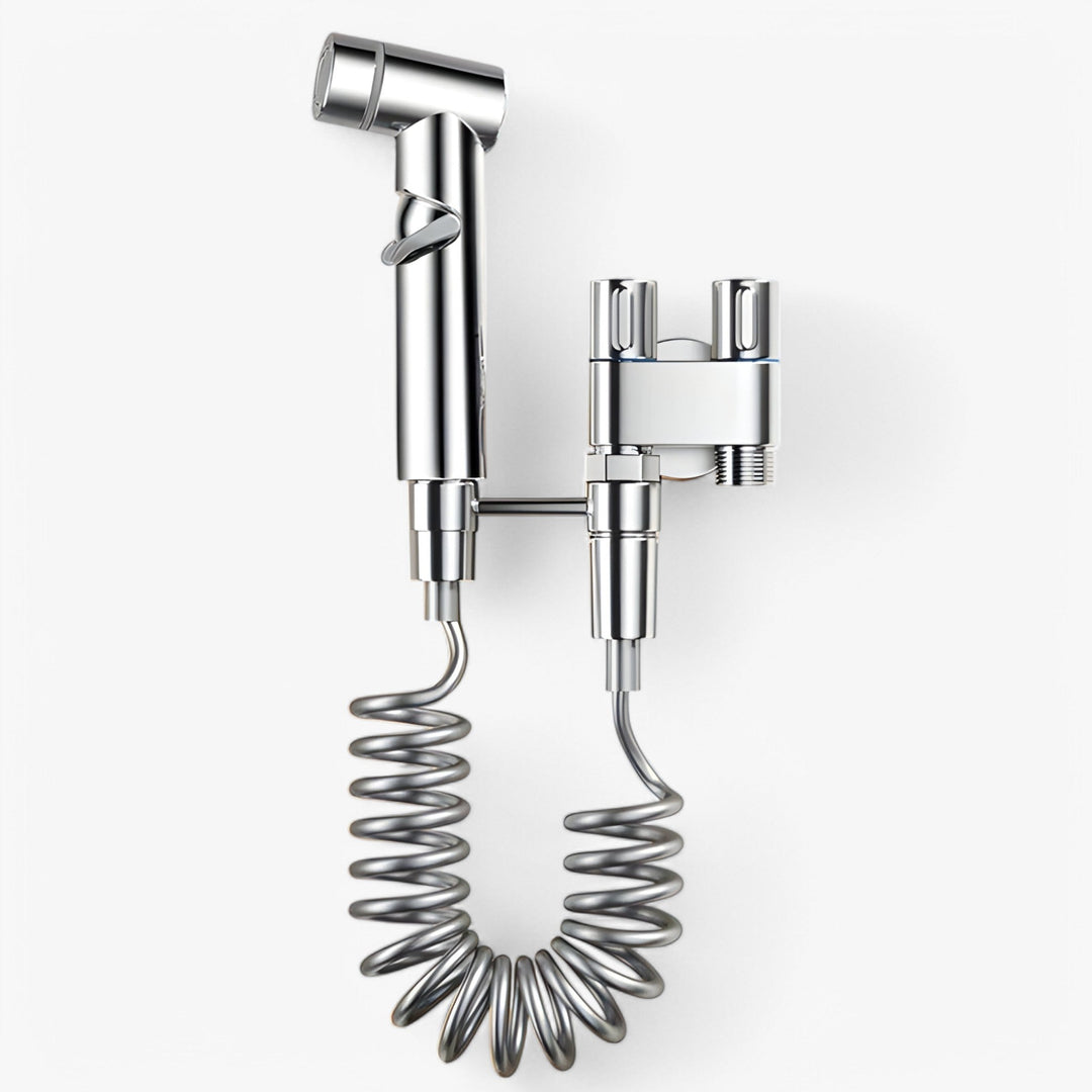"Højtryk bidet toiletsprøjte af metal og ABS, vægmonteret, med dobbelt udløb for effektiv, miljøvenlig rengøring."