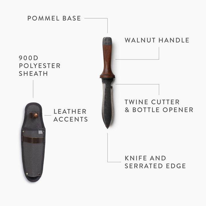 Hori Hori bushcraft-kniv til udendørs eventyr. Robust værktøj med skovl og savfunktion i ét.