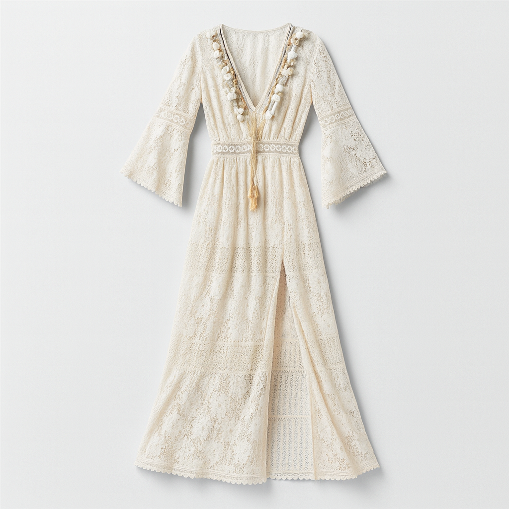 Hvid afslappet boheme maxikjole med broderi og V-udskæring. Komfortabel lang sommer- og strandkjole til kvinder.