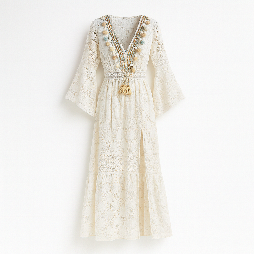 Elegant beige boheme maxikjole med broderi og V-udskæring. Perfekt lang feriekjole til kvinder.