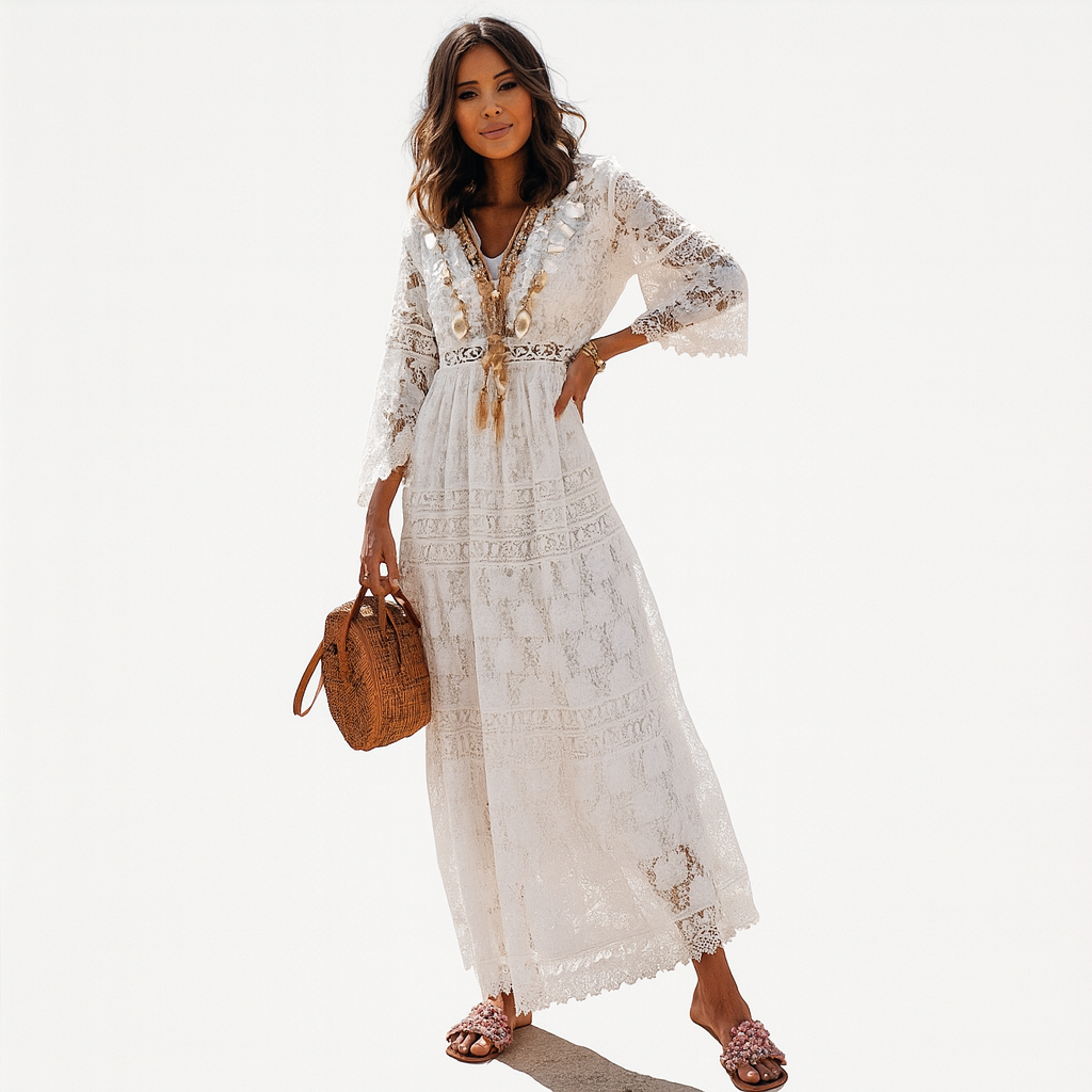Beige afslappet lang boheme kjole med V-udskæring og broderi. Alsidig sommer maxikjole til kvinder.