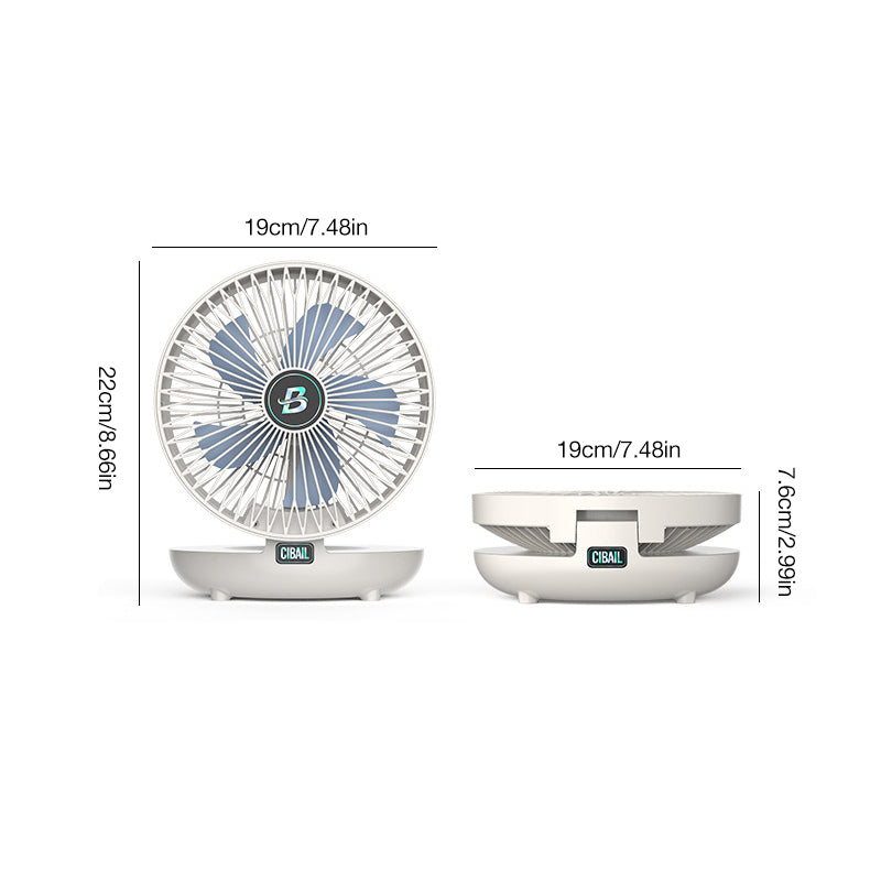 Hvid bordventilator med moderne design, perfekt til personlig afkøling på kontoret eller under rejsen.