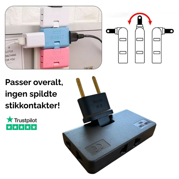 Hvid drejelig stikkontakt, 3-vejs, for fleksibel strøm i hjemmet. Pladsbesparende adapter til elektronik.