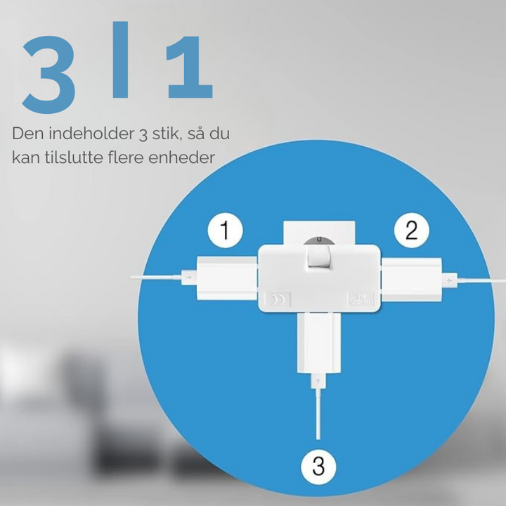 Detaljebillede af hvid drejelig 3-vejs stikkontakt, perfekt til pladsbesparende strømforsyning.