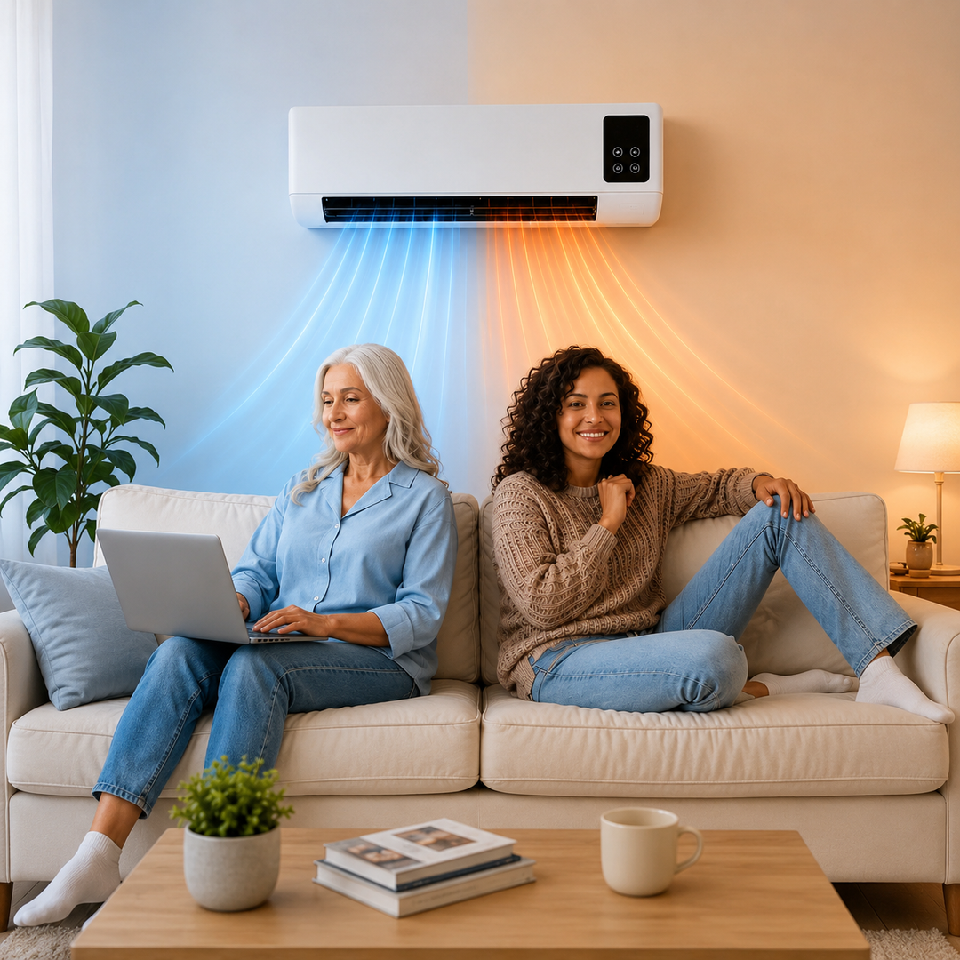 Kompakt hvid klimaenhed med digitalt display, ventilator samt køle- og varmefunktion. Ideel til indeklima.