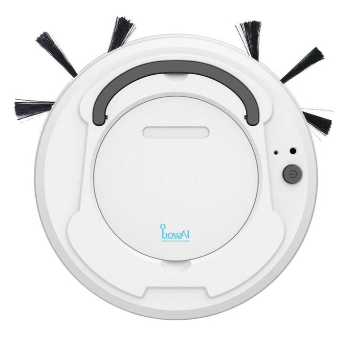 Hvid robotstøvsuger i stue. Stille, effektiv automatisk gulvrengøring til smart hjem.