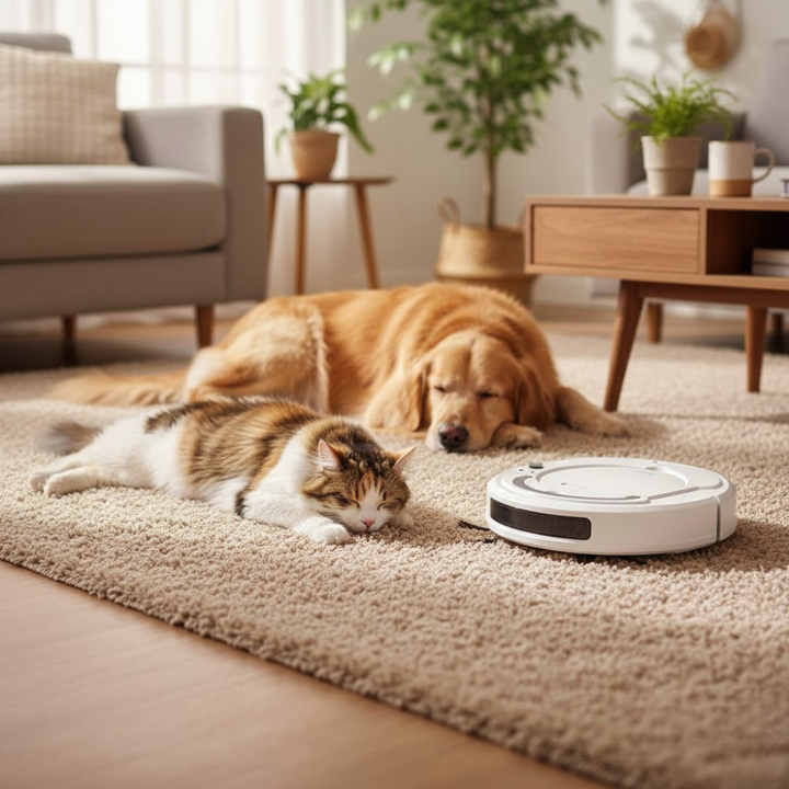 Sort robotstøvsuger under sofa. Diskret smart hjem rengøringsværktøj.