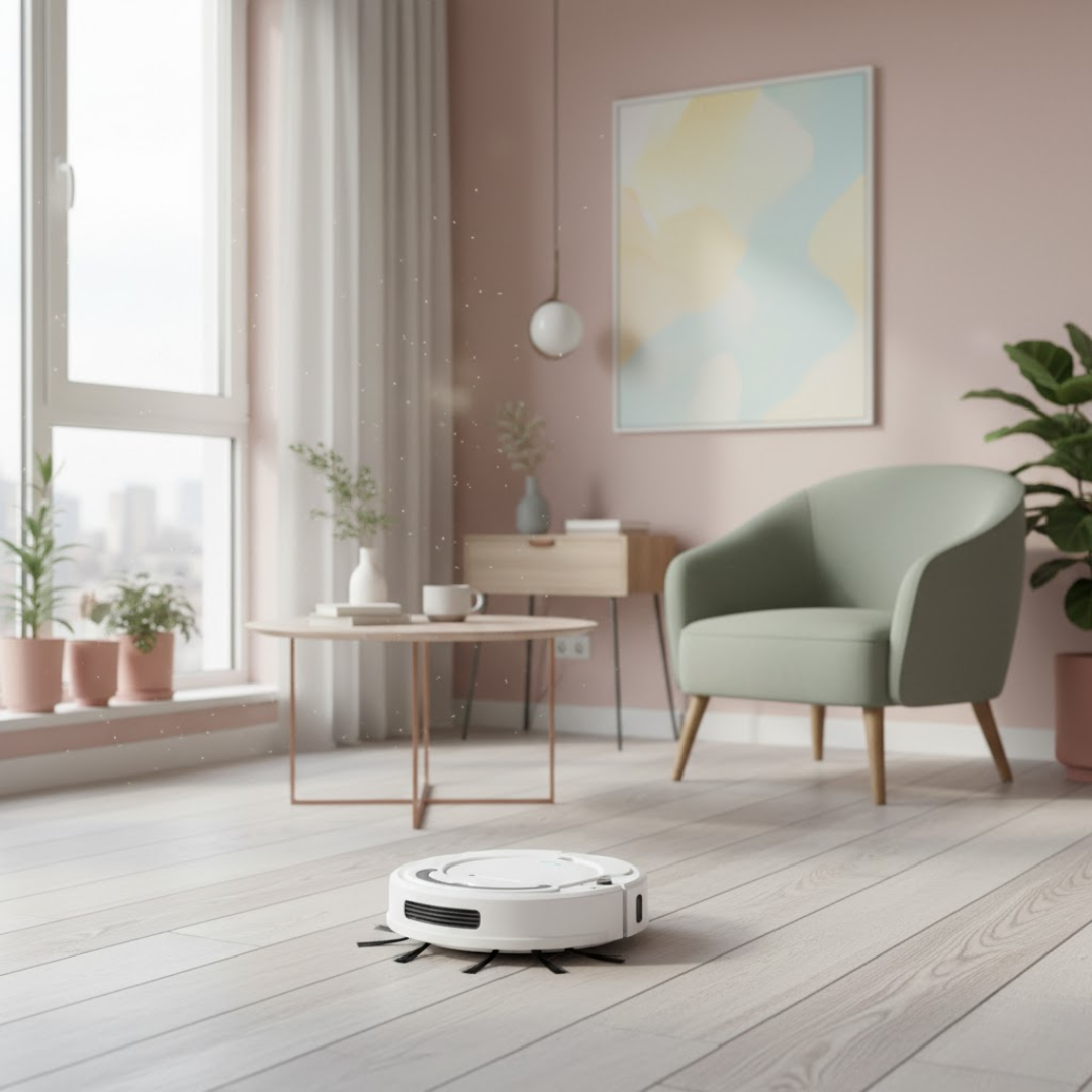Robotstøvsuger ses fra oven. Effektiv gulvrengøring med smart teknologi.