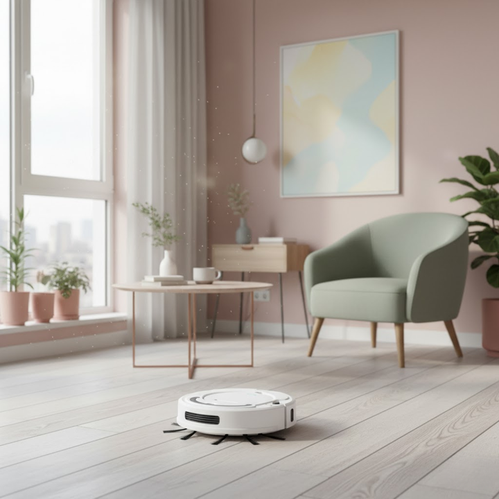 Robotstøvsuger ses fra oven. Effektiv gulvrengøring med smart teknologi.