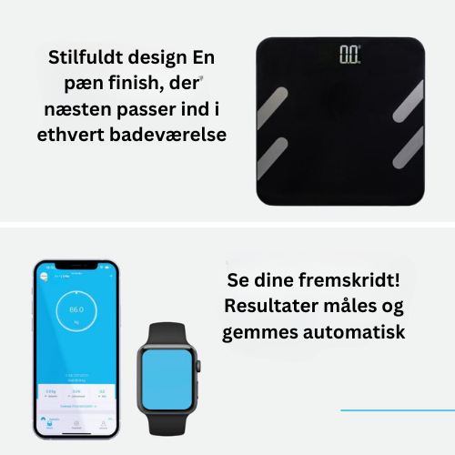 ScaleOn digitalvægt med klart display, viser vægt og forbundet til fitness-app.