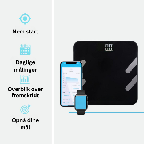 Nærbillede af ScaleOn personvægtens skærm med digitale vægtdata og kropsanalyse.