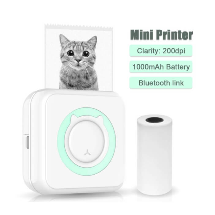 Hvid trådløs mini fotoprinter, kompakt og bærbar, klar til øjeblikkelige Zero-Ink fotoudskrifter fra smartphone.