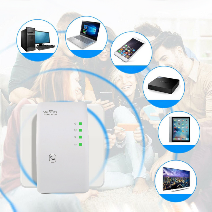 Hvid WiFi forstærker, kompakt design, forstærker trådløst signal, eliminerer døde zoner, forbedrer internetforbindelse i hjem