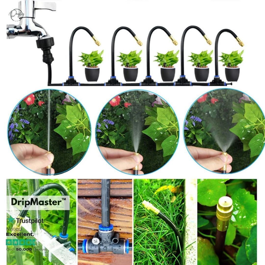 Intelligent havevandingssystem med smart timer og drypvanding, der sparer vand effektivt i haven.