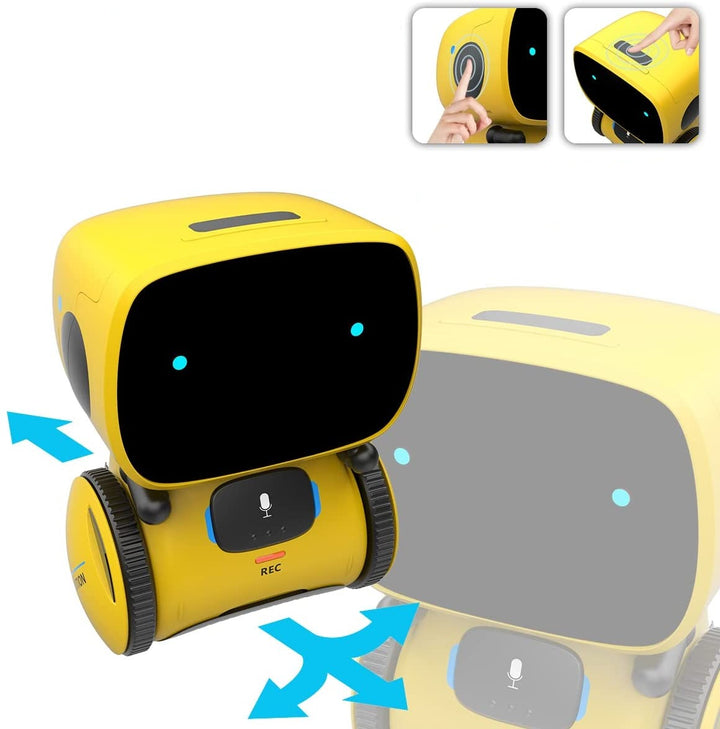 "Interaktiv dansende robot til børn, hvid og blå, synger og reagerer på stemmer, fremmer læring og leg, børnesikker."
