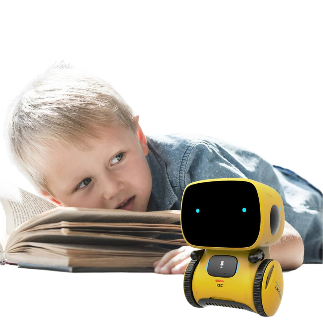 "Interaktiv dansende robot til børn, hvid og blå, synger og reagerer på stemmer, fremmer læring og leg, børnesikker."