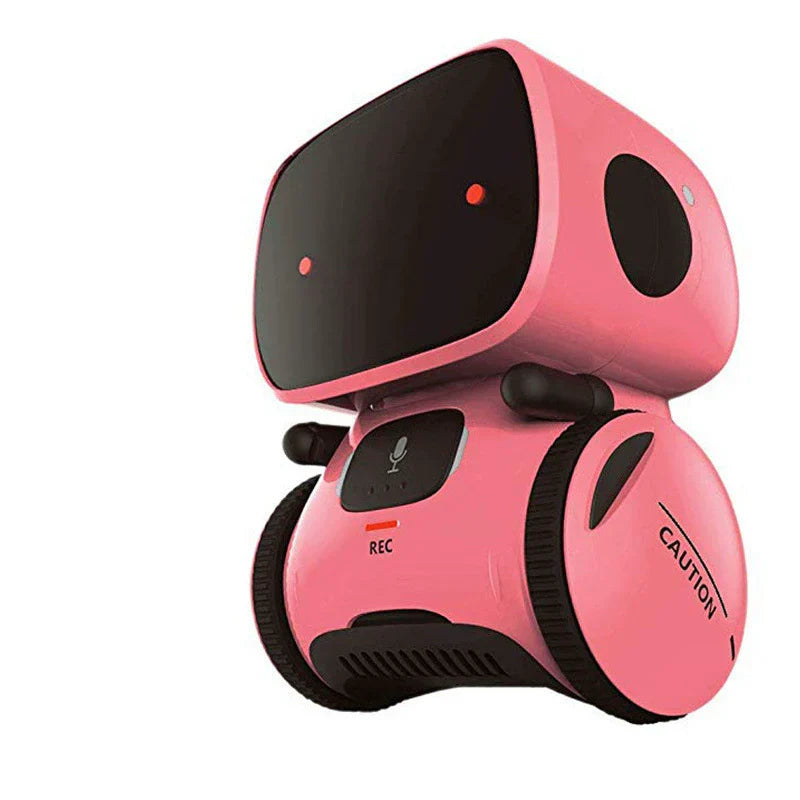 "Interaktiv dansende robot til børn, hvid og blå, synger og reagerer på stemmer, fremmer læring og leg, børnesikker."
