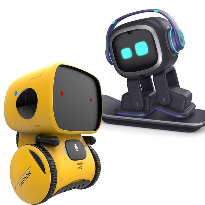 "Interaktiv dansende robot til børn, hvid og blå, synger og reagerer på stemmer, fremmer læring og leg, børnesikker."