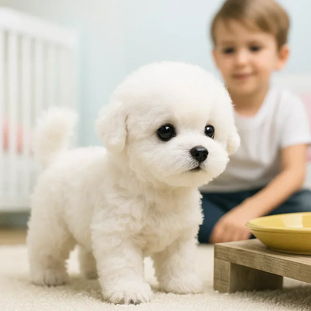 Interaktiv robot-hvalp, realistisk hvid og brun elektronisk hund til børn, et livagtigt plysdyr.