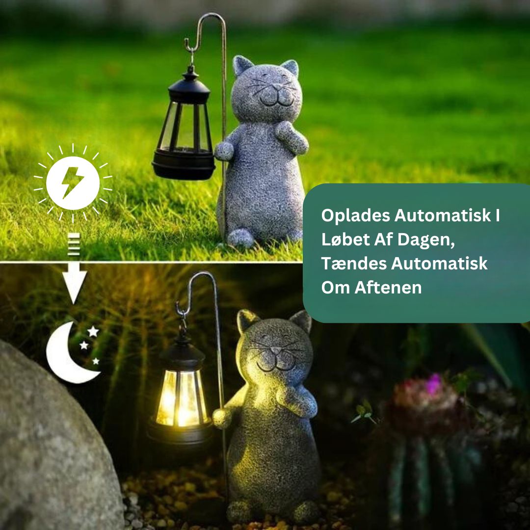 Miljøvenlig solcelle kattefigur lanterne. Giver stemningsfuld udendørs belysning og smukt design til haven.