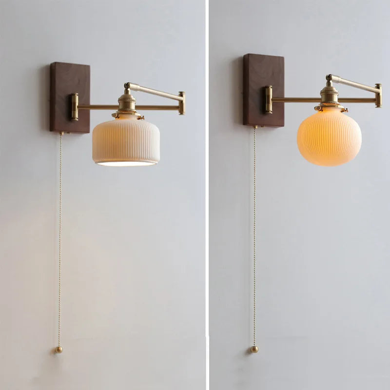 "Keramisk væglampe med træplade, elegant design, cylindrisk keramisk skærm til moderne og traditionel indretning"