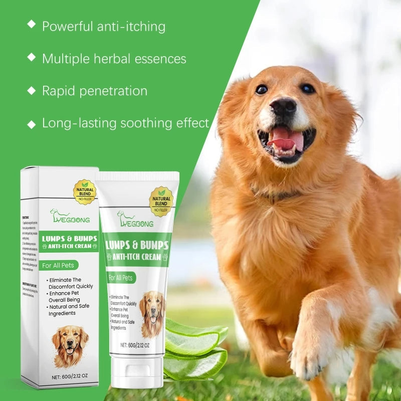 Glad hund eller kat får lindring med kløestillende creme mod irritation. Beroligende dyrepleje til kæledyr.