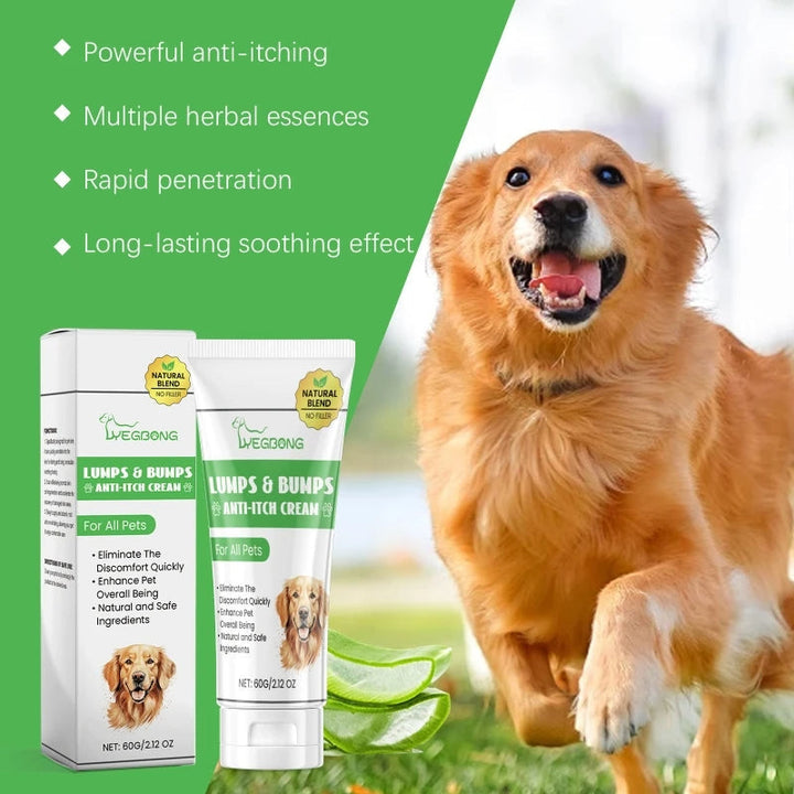 Glad hund eller kat får lindring med kløestillende creme mod irritation. Beroligende dyrepleje til kæledyr.