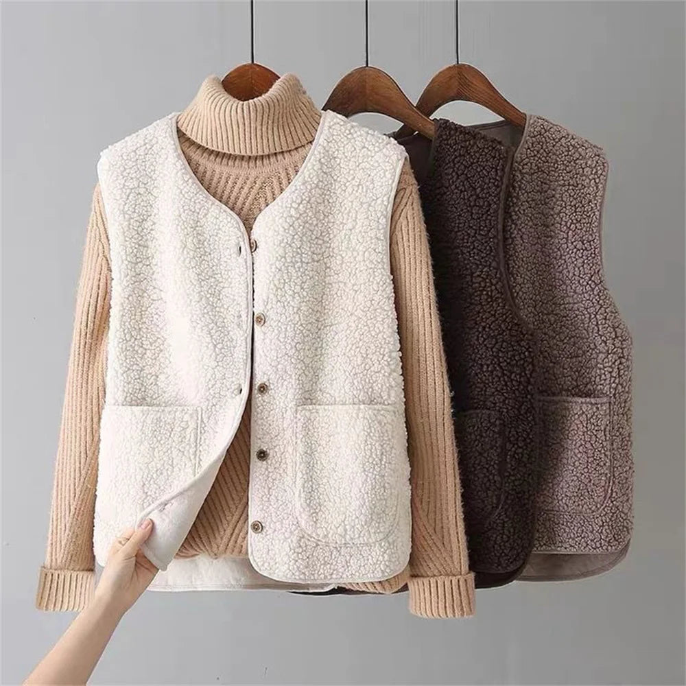 Klassisk beige kvinde vest. Varm & stilfuld til efterår/vinter. Behagelig overgangsjakke.
