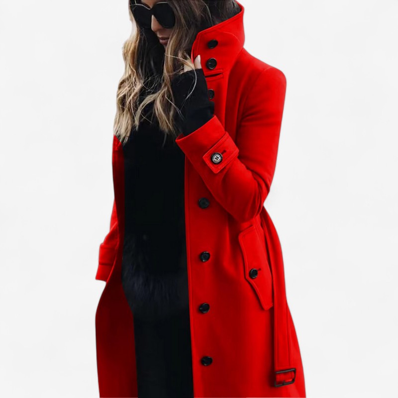 Tidløs dame trenchcoat med dobbeltradet knaplukning og justerbart bælte. Elegant overtøj til kvinder.