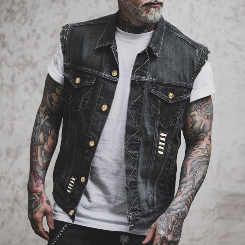 Blå denimvest for herrer, en tidløs modeklassiker. Robust og behagelig til alle afslappede lejligheder.