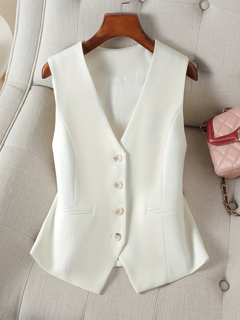 Dame iført hvid skræddersyet vest som del af et elegant business outfit, udstråler professionalisme.