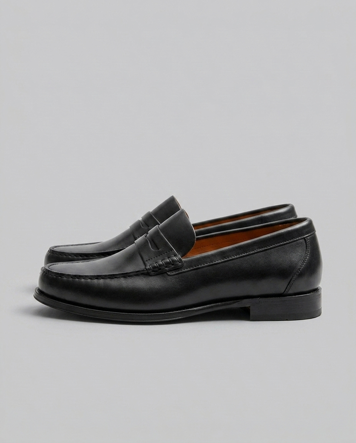 Detaljebillede af stilfulde herre penny loafers i brunt læder. En tidløs klassiker for mænd.
