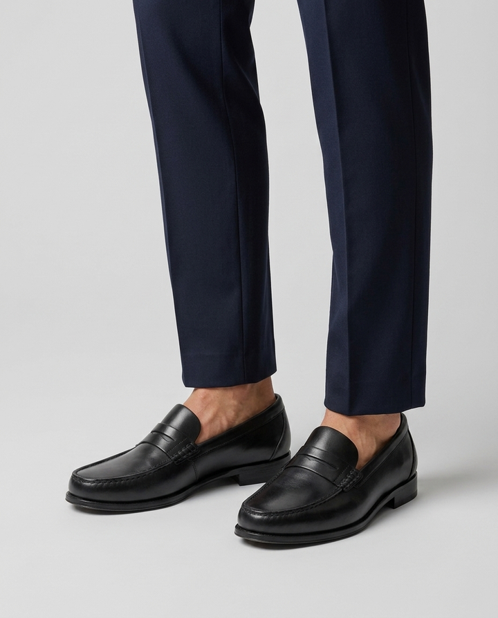 Nærbillede af komfortable herre penny loafers. Perfekt pasform og tidløst design for mænd.