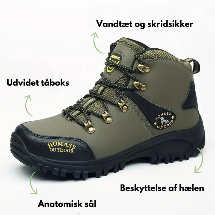 "Komfortabel herrer vandresko, slidstærk og vandtæt, med svangstøtte og bred tåboks til lange gåture."
