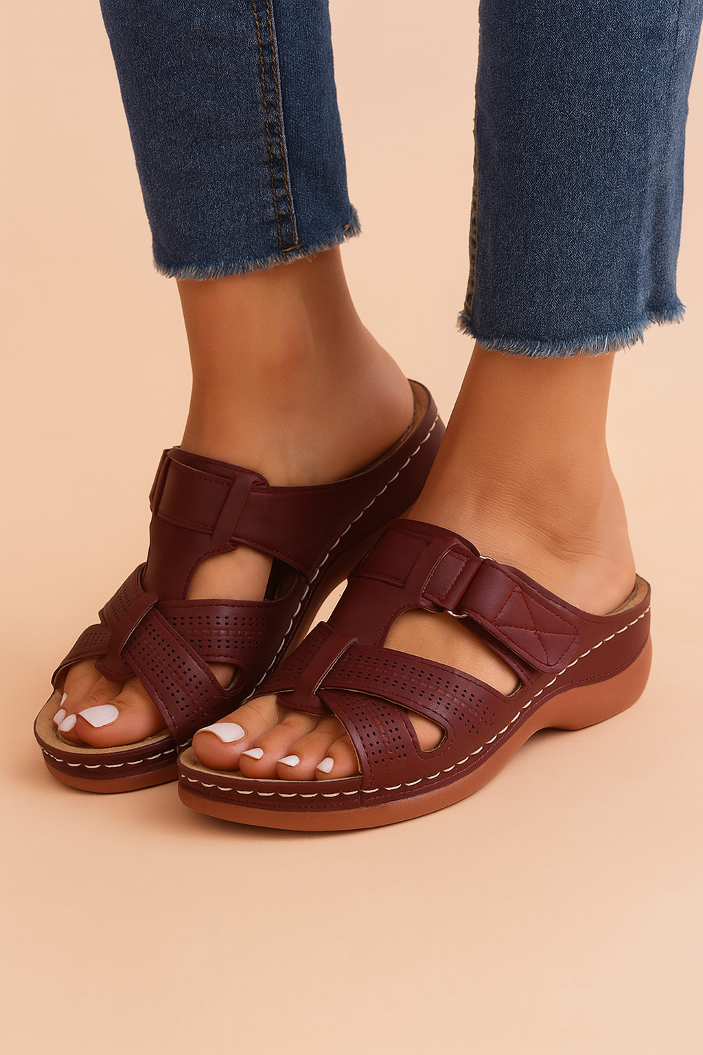 Moderne komfortsko: Flade damesandaler med justerbare stropper. Perfekte til sommerens aktiviteter.