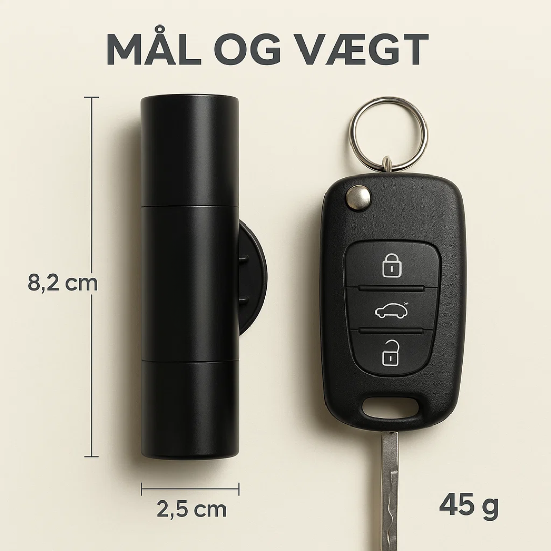 Nødhjælpsværktøj med glasbryder og sikkerhedssnitter til bilsikkerhed. Kompakt design for nem opbevaring.