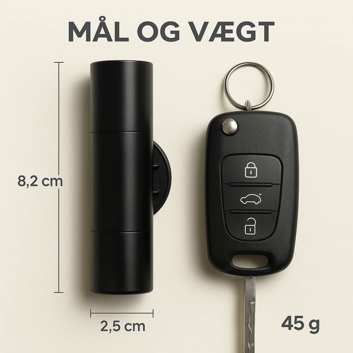 Nødhjælpsværktøj med glasbryder og sikkerhedssnitter til bilsikkerhed. Kompakt design for nem opbevaring.