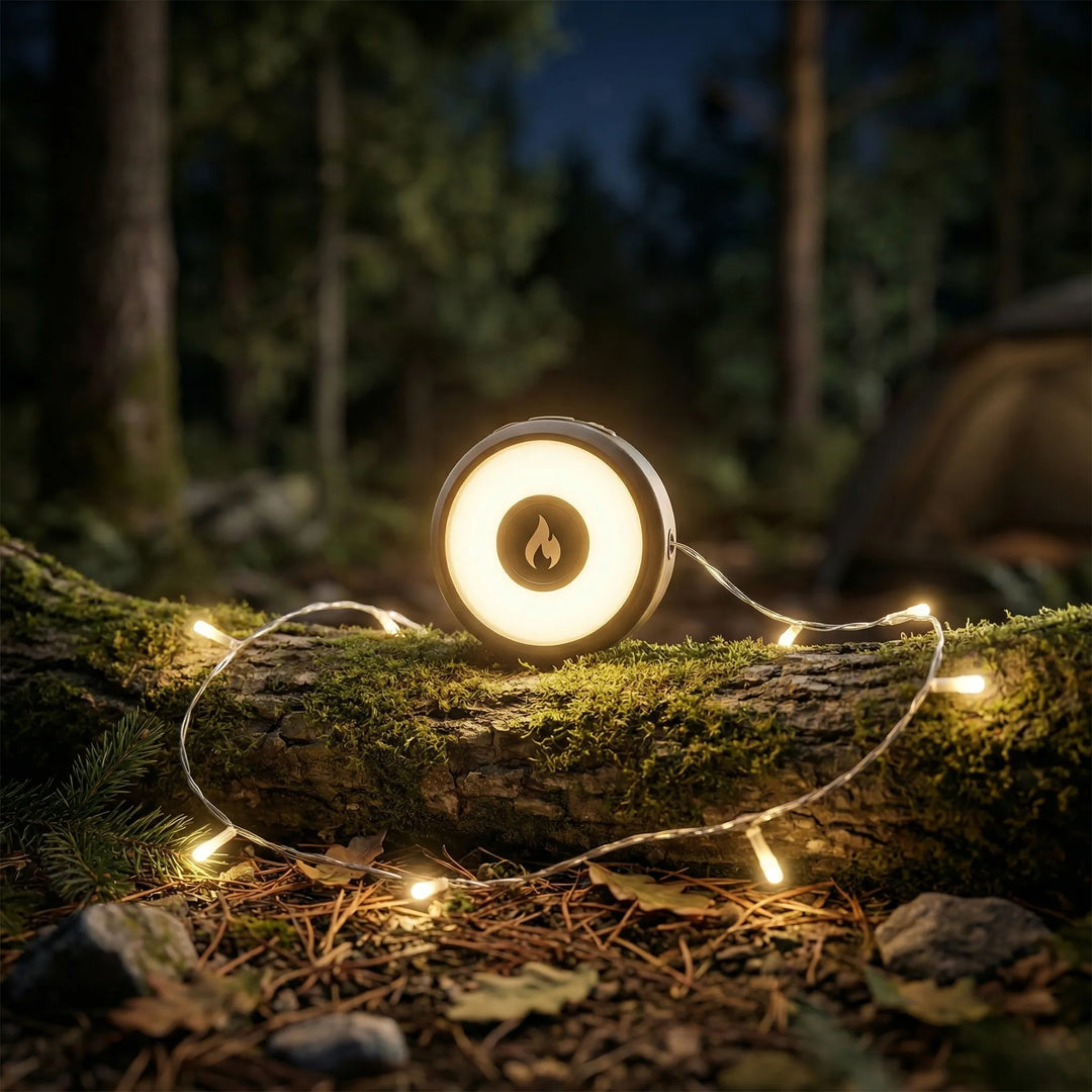 Kompakt 4-i-1 campinglampe med 10m integreret lyskæde til udendørs eventyr og hygge.