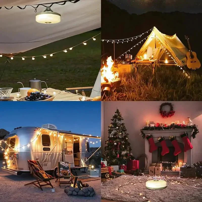 Rejsevenlig 4-i-1 campinglampe med integreret 10m lyskæde. Letvægts og nem at pakke til turen.
