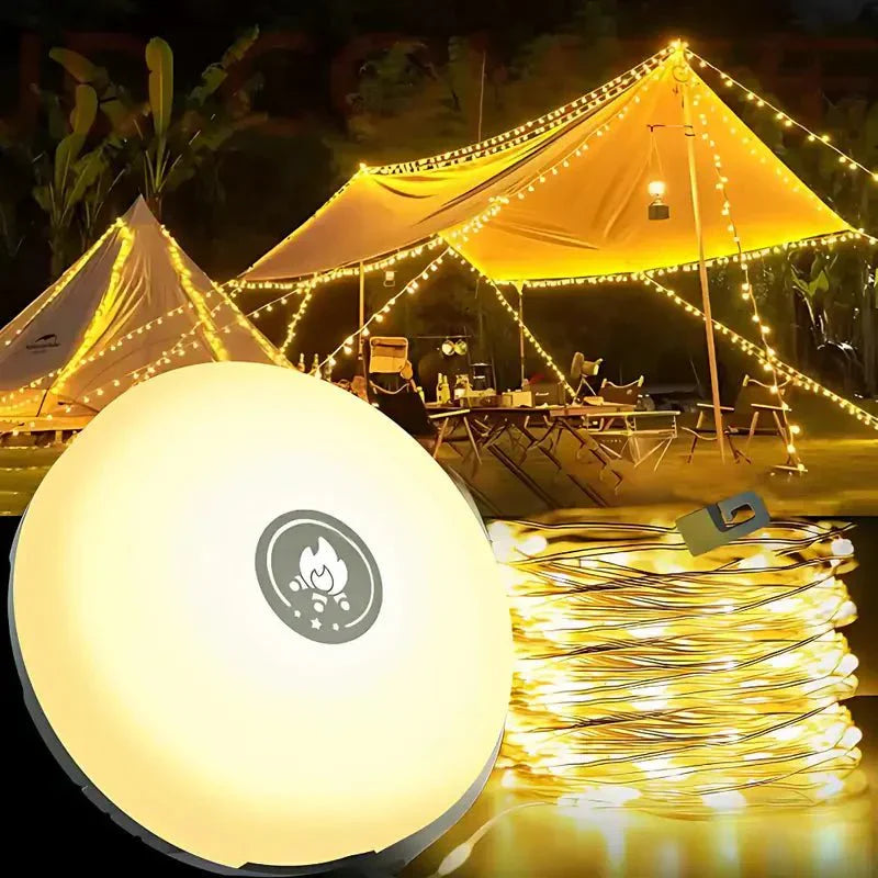 Vandtæt campinglampe med 10 meter lyskæde. Ideel til alle vejrforhold på campingturen.
