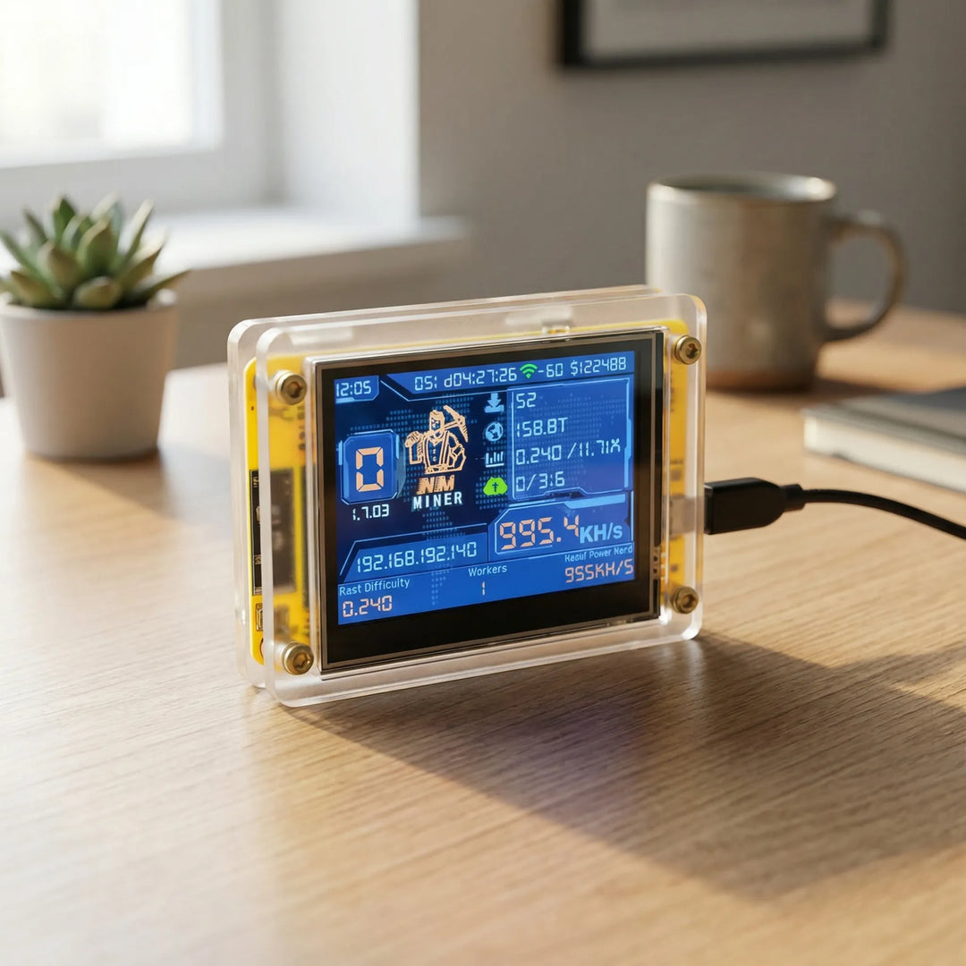 Kompakt Bitcoin solo mining enhed med ESP32-chip og display til desktop krypto-overvågning.