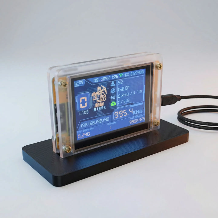 Bitcoin solo miner med integreret display. Ideel til overvågning af hashrate og kryptoaktivitet.