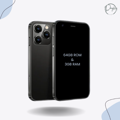 Bærbar mini smartphone med Android og forældrekontrol, designet til børn og voksne.